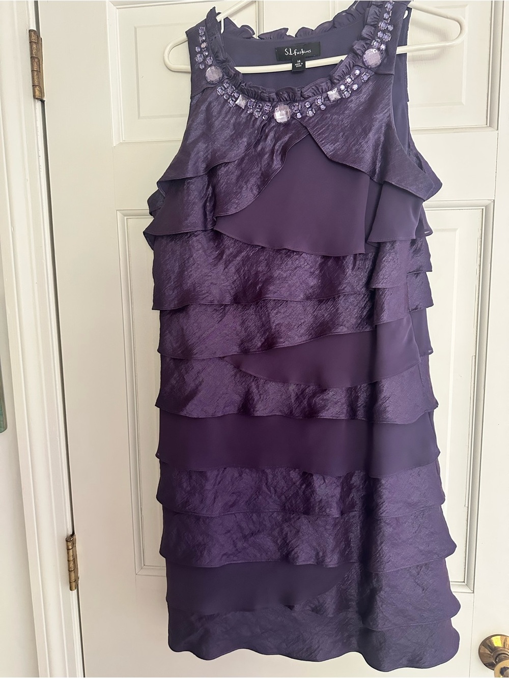 SL Fashions Deep Purple Tiered Ruffle Dress with Beaded Collar